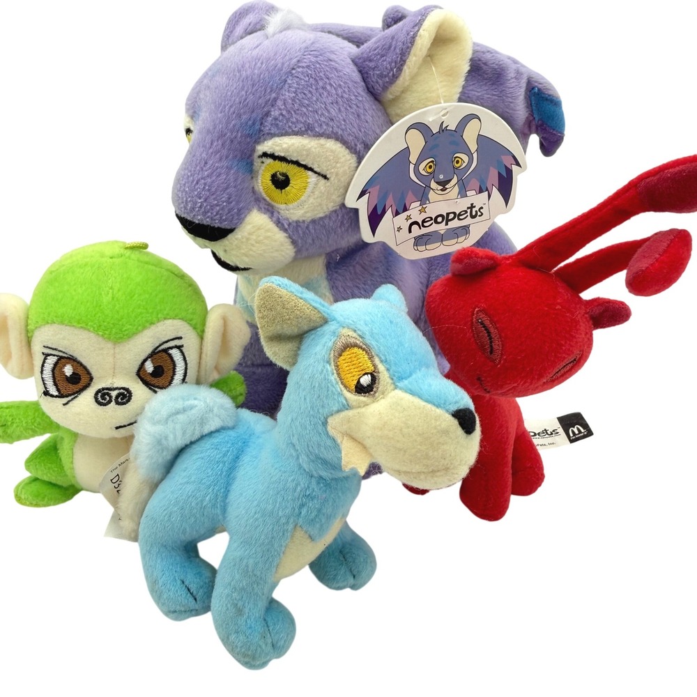 Neopets Plush Lot 4pc 2002 Limited Edition Kougra 2004 Lupe Mynci Aisha McDonald